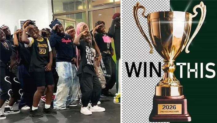 Student Body Stand Dance Challenge — students dancing and the 2026 Game Face Dance Champs trophy